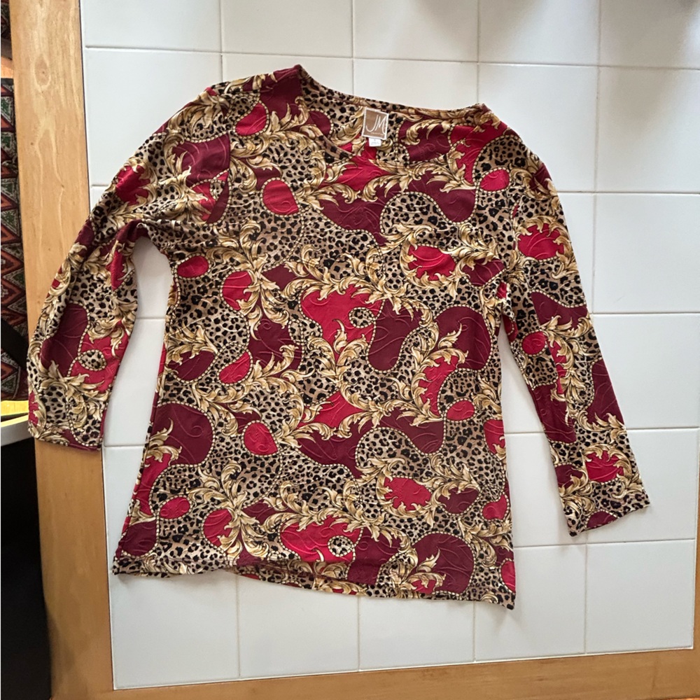 JM Collection Red and Gold Baroque Print Top